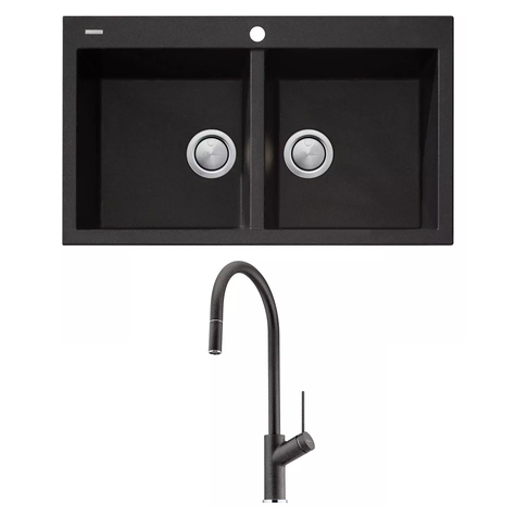 Oliveri Santorini Sink/Tap Set Top Mount Double Bowl w/ Vilo Pull Out Mixer Black
