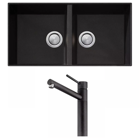 Oliveri Santorini Sink/Tap Set Bottom Mount Double Bowl w/ Pepe Swivel Mixer Black