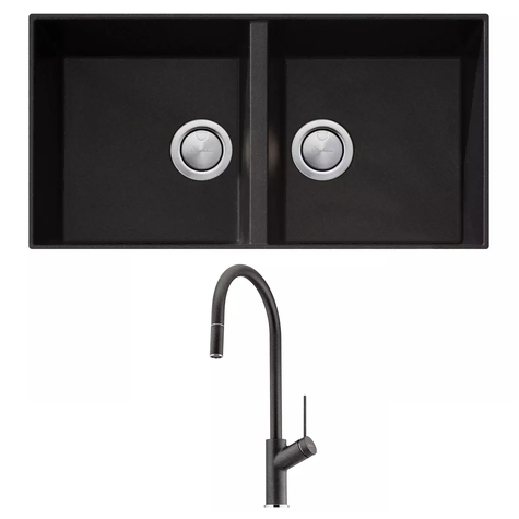 Oliveri Santorini Sink/Tap Set Bottom Mount Double Bowl w/ Vilo Pull Out Mixer Black