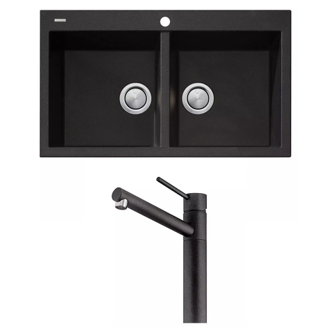 Oliveri Santorini Sink/Tap Set Top Mount Double Bowl w/ Pepe Swivel Mixer Black
